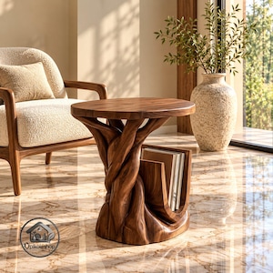 May include: A round wooden side table with a base featuring intertwined, root-like carved supports and an integrated vertical slot for storing magazines or books. The table is crafted from dark brown wood with a visible grain pattern.