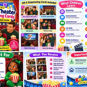 Peut inclure: Un ensemble de cartes de séquençage sur le thème du cinéma en téléchargement numérique, comprenant six étapes illustrées d'une visite au cinéma. Les cartes montrent des scènes comme prendre des collations et regarder un film.