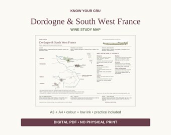 Dordogne & South West France Wine Study Map: A3/A4 Printable PDF, Practice and Answers