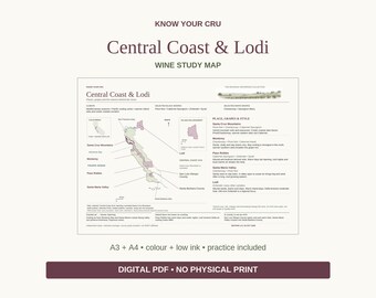 Central Coast & Lodi Wine Study Map: A3/A4 Printable PDF, Practice and Answers