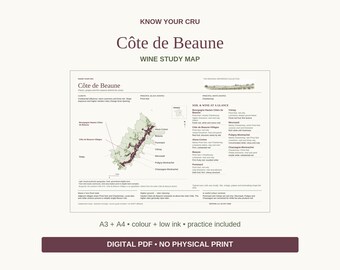 Côte de Beaune Wine Study Map: A3/A4 Printable PDF, Practice and Answers