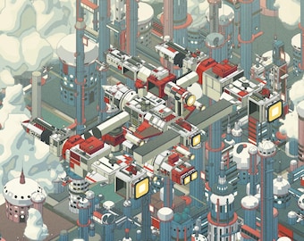 Sci-fi poster, olijfgroen en rood moederschip boven cyberpunk megastad, isometrische sci-fi illustratie, cadeau voor hem