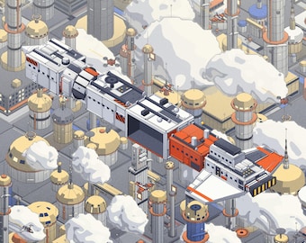 Sci-fi kunstprint, beige en gele torpedobootjager boven een cyberpunk-megastad, retro-futuristische kunstprint, decoratie voor je gamekamer