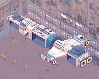Poster van een ruimteschip, lavendelkleurig en blauw Destroyer-sterrenschip boven een orbitale ruimtedock, isometrische sciencefictionillustratie, decoratie voor een tienerkamer.