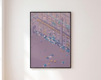 Sci Fi Art Print, Lavender and Blue Mothership over Orbital Space Dock, Isometric Sci Fi Illustration, Teen Room Decor