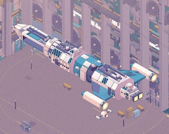 Poster van een ruimteschip, lavendelkleurig en blauw Destroyer-sterrenschip boven een orbitale ruimtedock, isometrische sciencefictionillustratie, kantoorwanddecoratie.