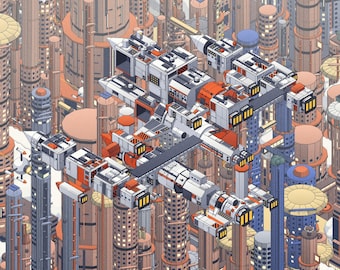 Poster van een ruimteschip, beige en rood moederschip boven een cyberpunk-megastad, retro-futuristische kunstprint, cadeau voor geeks