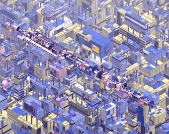 Ruimtemuurdecoratie, stoffig blauw en paars moederschip boven cyberpunk-megastad, isometrische retro-futuristische poster, decoratie voor gamingkamer