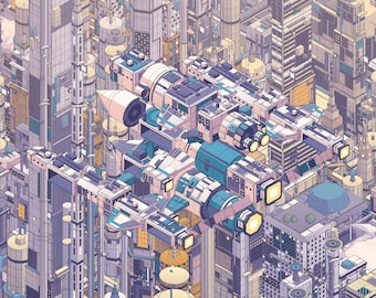 Ruimtemuurdecoratie, lavendel en blauw moederschip boven cyberpunk megastad, isometrische retro-futuristische poster, tienerkamerdecoratie