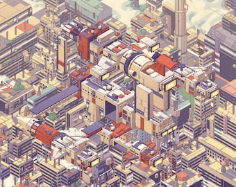 Cyberpunk stadsposter, beige en rode moederschip boven een cyberpunk megastad, isometrische retro-futuristische poster, kantoorwanddecoratie