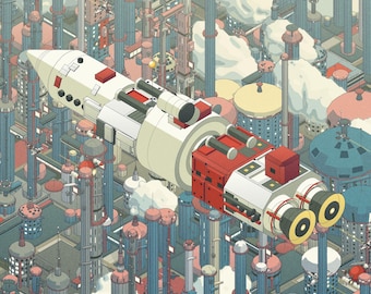 Cyberpunk stadsposter, turquoise en rode fregat-sterrenschip boven een cyberpunk-megastad, isometrische retro-futuristische poster, decoratie voor je gamekamer