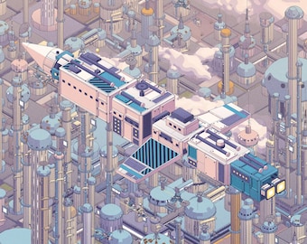 Sci-fi muurdecoratie, stoffig blauw en oranje ruimteschip dat een cyberpunk megastad verwoest, retro futuristische kunstprint, cadeau voor hem