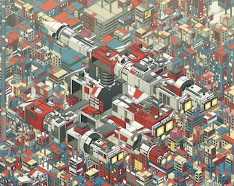 Space Wall Art, Beige and Red Mothership over Cyberpunk Megacity, Retro Futurism Art Print, Geek Gift