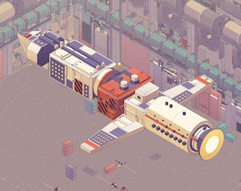 Spaceship Art Print, Dusty Rose and Red Frigate Starship over Orbital Space Dock, Isometric Sci Fi Illustration, Gaming Room Decor