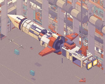 Spaceship Art Print, Dusty Rose and Red Destroyer Starship over Orbital Space Dock, Isometric Sci Fi Illustration, Space Lover Gift