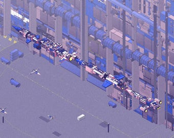 Op de afbeelding: Een isometrische digitale illustratie van een grote industriële faciliteit met blauwe en roze buizen en structuren. Een lang, gesegmenteerd ruimteschip met blauwe en roze accenten zweeft horizontaal door het midden, terwijl kleinere vliegtuigen eronder vliegen.