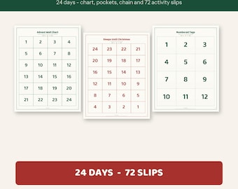 Calendrier de l'Avent à imprimer | Compte à rebours de Noël de 24 jours | 72 fiches d'activités, affiche murale, guirlande en papier, étiquettes | Téléchargement instantané