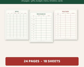 Planificateur de Noël à imprimer | 24 pages | Liste de cadeaux, suivi du budget, planning des repas, menu | Téléchargement instantané