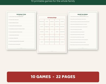 Pack de jeux de Noël à imprimer | 10 jeux pour toute la famille | Quiz de Noël, Bingo, Charades | Jeux pour les fêtes | Téléchargement PDF instantané