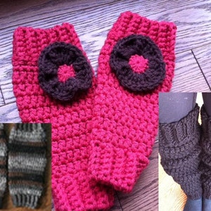 May include: Two pairs of crocheted leg warmers. One pair is pink with a brown flower accent. The other pair is black.