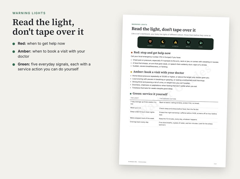 K&ouml;nnte beinhalten: Ein Informationsblatt mit dem Titel Warning Lights: Read the light, don't tape over it. Es enth&auml;lt einen schwarzen horizontalen Balken mit f&uuml;nf Symbolen f&uuml;r Herz, Schlaf, Stress, Gehen und Treibstoff sowie rote, gelbe und gr&uuml;ne Gesundheitsrichtlinien.
