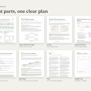 Puede incluir: Una colecci&oacute;n de ocho p&aacute;ginas de documentos informativos titulada Eight parts, one clear plan. Las p&aacute;ginas incluyen Quick Start, Stress, Mind & Hunger, Insulin: The Storage Switch, Leptin & Ghrelin: Your Hunger Signals, The Protocol, Next Step, FAQ y Weight Log.