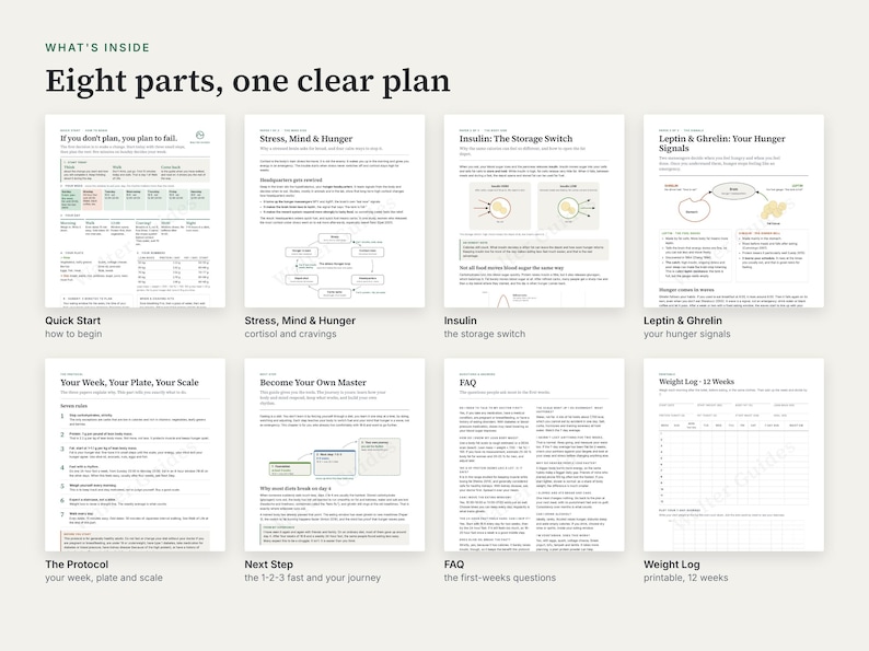 Puede incluir: Una colecci&oacute;n de ocho p&aacute;ginas de documentos informativos titulada Eight parts, one clear plan. Las p&aacute;ginas incluyen Quick Start, Stress, Mind & Hunger, Insulin: The Storage Switch, Leptin & Ghrelin: Your Hunger Signals, The Protocol, Next Step, FAQ y Weight Log.