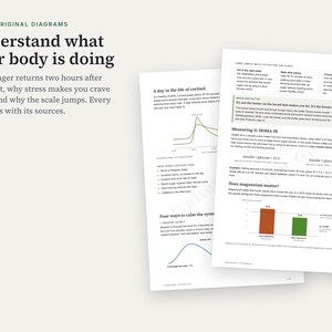 Puede incluir: Dos p&aacute;ginas informativas blancas con texto negro y diagramas coloridos. El encabezado dice: Understand what your body is doing. El contenido incluye secciones sobre cortisol, mediciones HOMA-IR y magnesio, con gr&aacute;ficos de l&iacute;neas y barras.