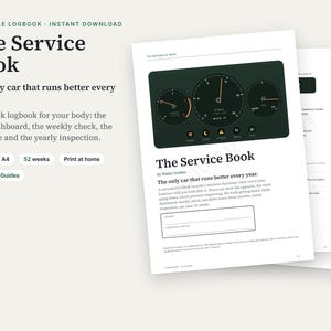 K&ouml;nnte beinhalten: Ein druckbares 21-seitiges A4-Logbuch mit dem Titel The Service Book von Walter Guides. Das Deckblatt zeigt eine dunkelgr&uuml;ne Armaturenbrettgrafik mit Anzeigen und Symbolen, gefolgt von Seiten f&uuml;r ein 52-w&ouml;chiges K&ouml;rper-Tracking-System mit t&auml;glichen Abschnitten.