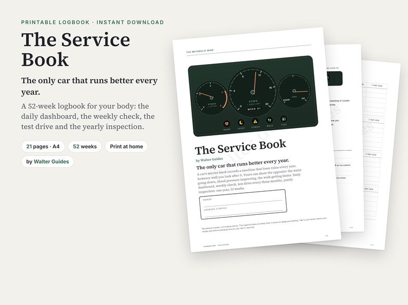 K&ouml;nnte beinhalten: Ein druckbares 21-seitiges A4-Logbuch mit dem Titel The Service Book von Walter Guides. Das Deckblatt zeigt eine dunkelgr&uuml;ne Armaturenbrettgrafik mit Anzeigen und Symbolen, gefolgt von Seiten f&uuml;r ein 52-w&ouml;chiges K&ouml;rper-Tracking-System mit t&auml;glichen Abschnitten.