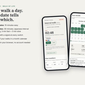 Puede incluir: Dos tel&eacute;fonos inteligentes que muestran una aplicaci&oacute;n web de ejercicios de caminata. Las pantallas muestran un temporizador de intervalos, un calendario mensual con fechas marcadas y estad&iacute;sticas personales que incluyen altura, peso y minutos totales.
