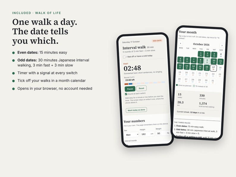 Puede incluir: Dos tel&eacute;fonos inteligentes que muestran una aplicaci&oacute;n web de ejercicios de caminata. Las pantallas muestran un temporizador de intervalos, un calendario mensual con fechas marcadas y estad&iacute;sticas personales que incluyen altura, peso y minutos totales.