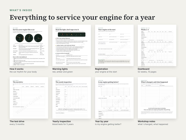 K&ouml;nnte beinhalten: Eine Sammlung von acht wei&szlig;en Informationsseiten mit dem Titel Everything to service your engine for a year. Die Seiten enthalten schwarzen Text, Tabellen und Diagramme zur Verfolgung von Gesundheitsdaten, einschlie&szlig;lich Abschnitten f&uuml;r Warnleuchten, Registrierung, Dashboard, Testfahrt, j&auml;hrliche Inspektion, Jahresvergleich und Werkstattnotizen.