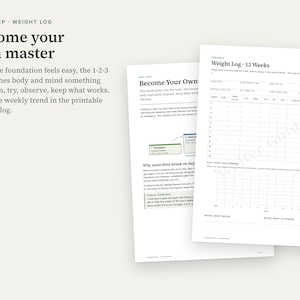 Puede incluir: Un documento imprimible de registro de peso con una cuadr&iacute;cula de 12 semanas, columnas para entradas diarias y una secci&oacute;n para promedios de 7 d&iacute;as. El texto incluye el t&iacute;tulo Weight Log 12 Weeks e instrucciones de seguimiento.