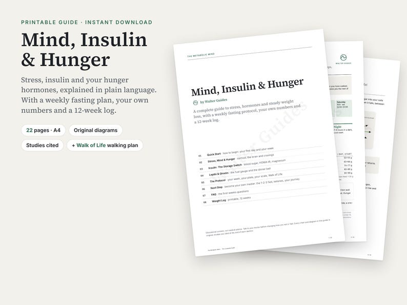 Puede incluir: Una gu&iacute;a imprimible de 22 p&aacute;ginas en formato A4 titulada Mind, Insulin & Hunger. El documento incluye un plan de ayuno semanal, diagramas originales y un registro de 12 semanas. El texto cubre el estr&eacute;s, las hormonas y la p&eacute;rdida de peso con varias secciones.