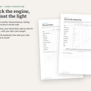 K&ouml;nnte beinhalten: Zwei wei&szlig;e Gesundheits-Tracking-Formulare mit den Titeln The test drive und The yearly inspection. Der Text enth&auml;lt Check the engine, not just the light, sowie Aufz&auml;hlungspunkte zu Gesundheitswerten wie Blutdruck und HOMA-IR.