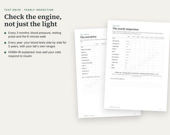 Puede incluir: Dos formularios de seguimiento de salud en papel blanco titulados The test drive y The yearly inspection. El texto incluye Check the engine, not just the light, con puntos sobre métricas de salud como presión arterial y HOMA-IR.