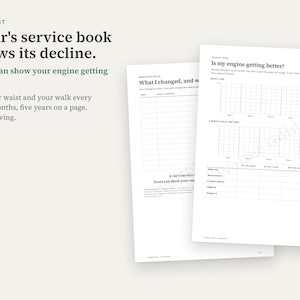 K&ouml;nnte beinhalten: Zwei wei&szlig;e Papierb&ouml;gen mit schwarzem Text und Rasterdiagrammen. Der linke Bogen ist mit 'What I changed, and w' betitelt. Der rechte Bogen tr&auml;gt den Titel 'Is my engine getting better?' und enth&auml;lt Abschnitte f&uuml;r 'Waist (cm)' und '6-minute walk (meters)'.
