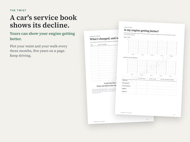 K&ouml;nnte beinhalten: Zwei wei&szlig;e Papierb&ouml;gen mit schwarzem Text und Rasterdiagrammen. Der linke Bogen ist mit 'What I changed, and w' betitelt. Der rechte Bogen tr&auml;gt den Titel 'Is my engine getting better?' und enth&auml;lt Abschnitte f&uuml;r 'Waist (cm)' und '6-minute walk (meters)'.