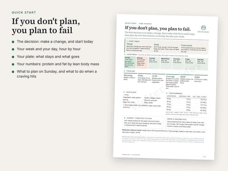 Puede incluir: Un documento informativo blanco titulado If you don't plan, you plan to fail. Incluye una gu&iacute;a de inicio r&aacute;pido con listas, un horario semanal, pasos de rutina diaria y una tabla para la ingesta de prote&iacute;nas y grasas seg&uacute;n la masa corporal.