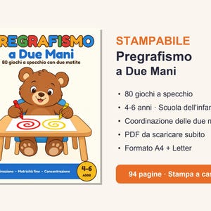 Pregrafismo a Due Mani PDF Stampabile, 80 Giochi a Specchio, Schede Scuola dell'Infanzia 4-6 Anni, Motricità Fine, Italian Printable