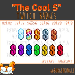 Könnte beinhalten: Ein Satz Twitch-Badges mit einem stilisierten Buchstaben "S" in verschiedenen Farben und Designs. Die Badges sind in sechs verschiedenen Größen erhältlich: 112x112, 72x72, 56x56, 36x36, 28x28 und 18x18. Der Text "The Cool S" und "Twitch Badges" wird oben im Bild angezeigt. Der Text "Sofortiger Download" und "@BURGERKINGLER" wird unten im Bild angezeigt.