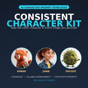 May include: A digital product titled AI Character Prompt Templates Consistent Character Kit. It features three circular character portraits: Ember, a red panda; Junie, a person with curly hair; and Thicket, a mossy creature. Includes 4 bundles, fillable worksheets, and copy-paste prompts by The Galley Works.