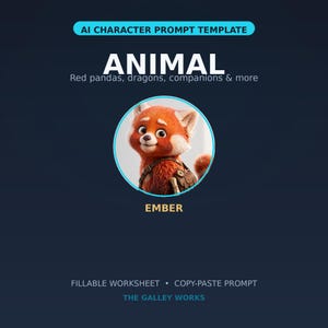 May include: A digital template titled AI CHARACTER PROMPT TEMPLATE ANIMAL Red pandas, dragons, companions & more. It features a circular image of a red panda character named EMBER, with text below reading FILLABLE WORKSHEET COPY-PASTE PROMPT THE GALLEY WORKS.