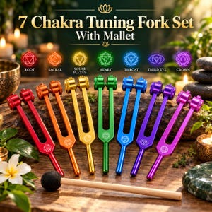May include: A 7 Chakra Tuning Fork Set with Mallet featuring seven metal tuning forks in red, orange, yellow, green, blue, indigo, and violet. Each fork displays a unique chakra symbol and corresponds to the Root, Sacral, Solar Plexus, Heart, Throat, Third Eye, and Crown labels.
