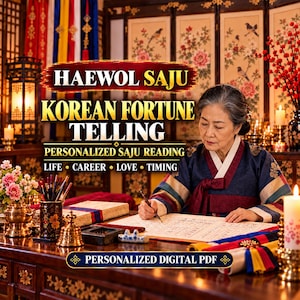Puede incluir: Una persona con hanbok azul oscuro y rojo escribe en papel sobre un escritorio de madera. El texto dice: HAEWOL SAJU KOREAN FORTUNE TELLING, PERSONALIZED SAJU READING, LIFE, CAREER, LOVE, TIMING y PERSONALIZED DIGITAL PDF. Velas y pinceles.