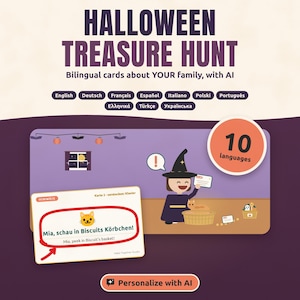 Halloween Treasure Hunt in Two Languages: Bilingual Clue Cards for ESL, Spanish Class or Grandparents, Ages 3 and Up, Made with AI