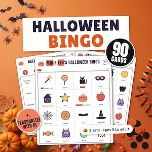 Halloween Bingo for Kids and Adults: 90 Printable Cards, Picture and Word Bingo, Personalize with AI