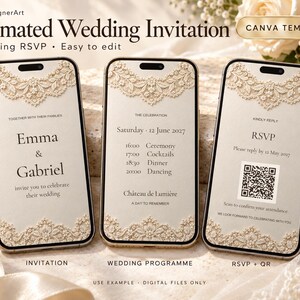 Lace Animated Wedding Invitation & RSVP Website Canva Templates, Ivory Envelope Reveal