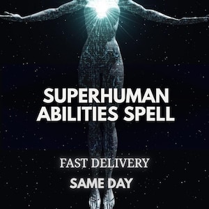 Peut inclure: Un graphique numérique montrant une silhouette humanoïde sombre et texturée sur un fond d'espace étoilé. Une lumière blanche vive émane de la poitrine. Le texte indique : SUPERHUMAN ABILITIES SPELL, FAST DELIVERY, SAME DAY.